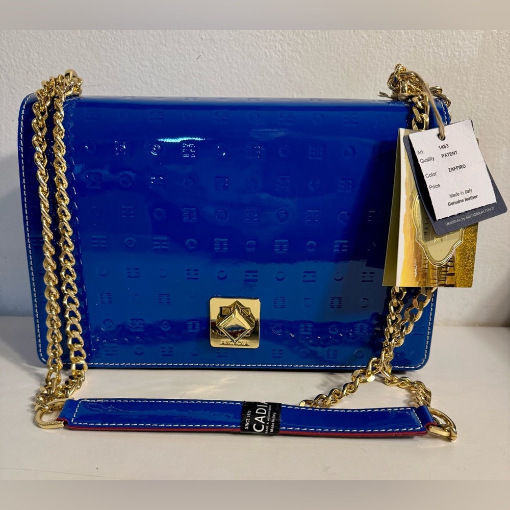 ARCADIA Italy Laila Patent Leather Crossbody Handbag Blue ZAFFIRO